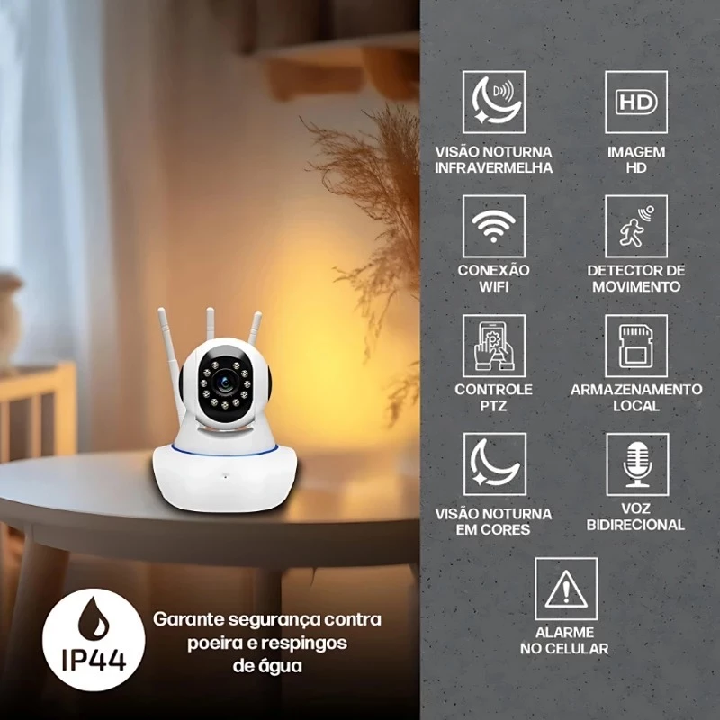 Câmera IP WiFi 360° Robô 3 Antenas Visão Noturna Full HD Microfone Áudio - Imagem 8