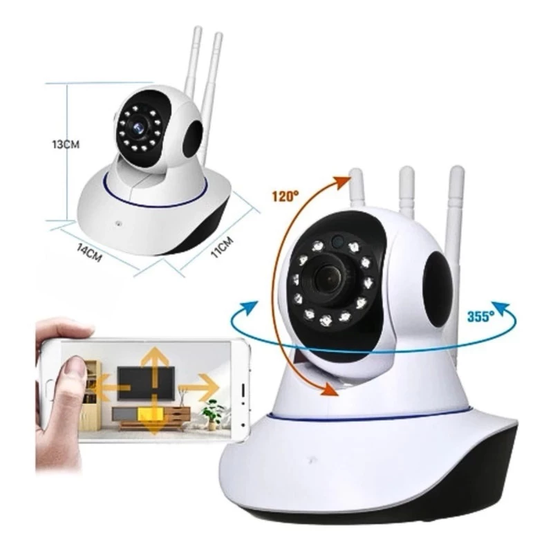 Câmera IP WiFi 360° Robô 3 Antenas Visão Noturna Full HD Microfone Áudio