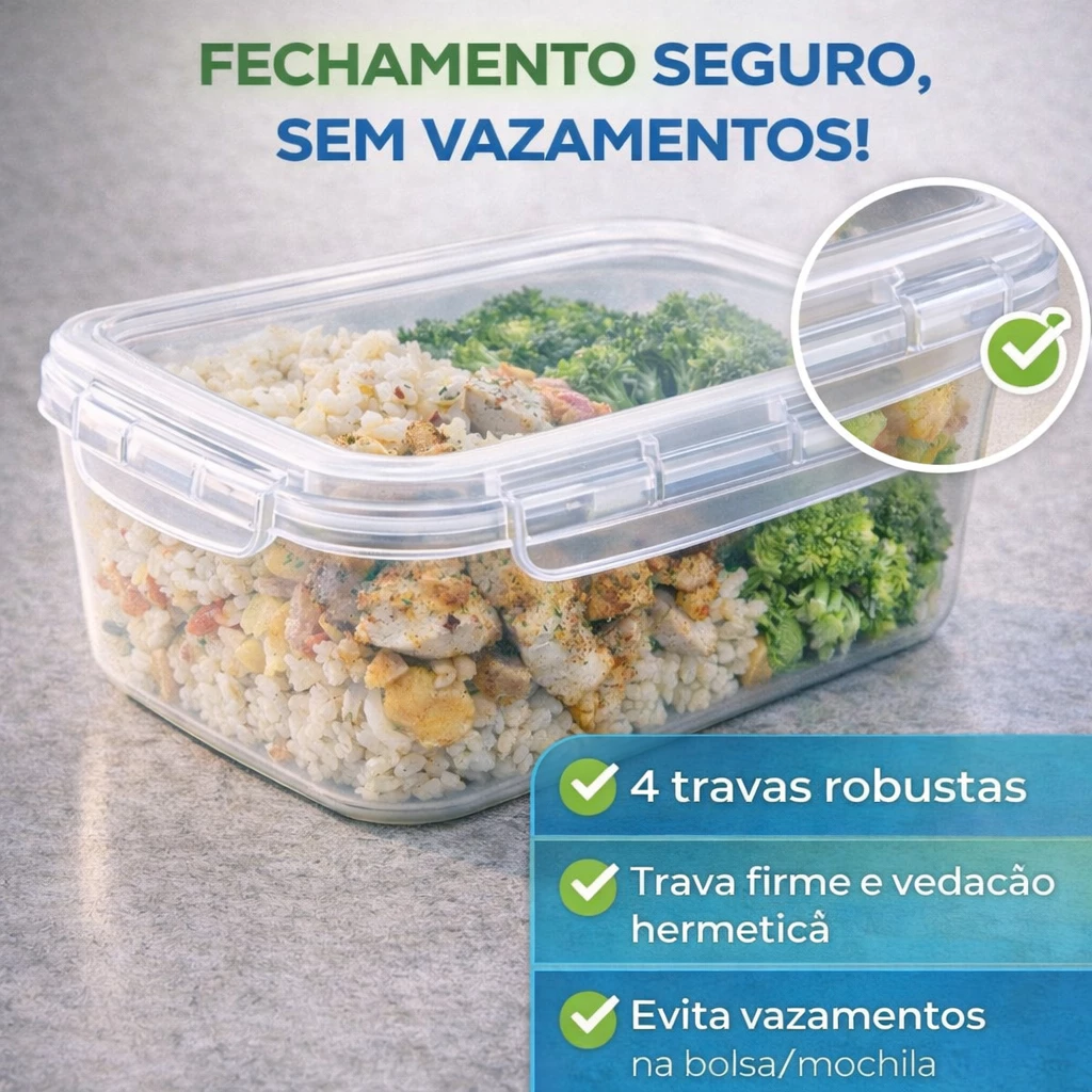 Kit 10 Potes Marmita Fit 400ML Retangular Com Tampa 4 Travas Jogo de Potes Livres de BPA - Imagem 2