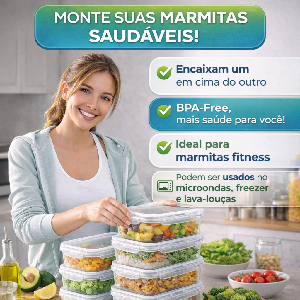 Kit 10 Potes Marmita Fit 400ML Retangular Com Tampa 4 Travas Jogo de Potes Livres de BPA - Imagem 6