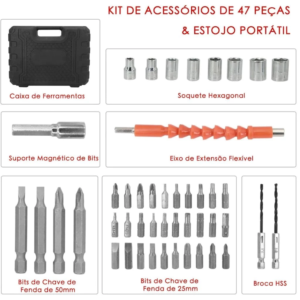 Kit Parafusadeira Doméstica com maleta Leve Portátil USB Recarregável unibom - Imagem 4